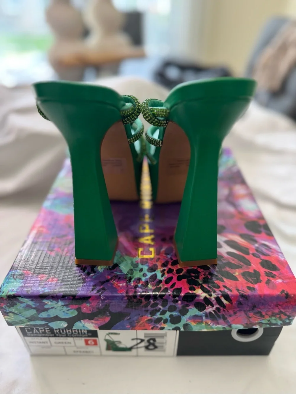 Cape Robbin Green Crystal-Strap Platform Heels